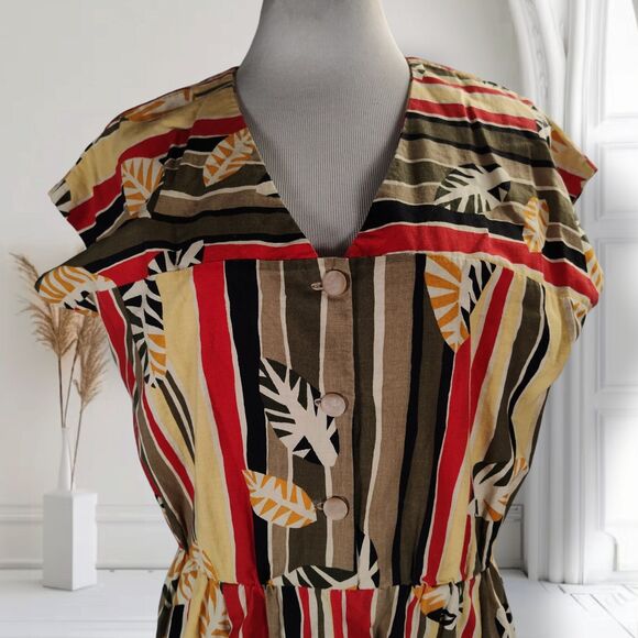 Vintage 80s Dolman Sleeve Midi Dress Size L Striped Leaf Safari Print - Picture 6 of 11